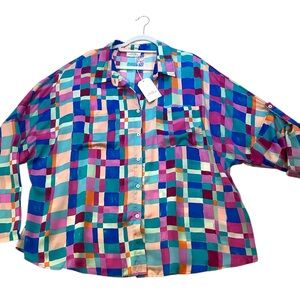 Emily‎ Wonder Button Blouse ‘Color With Me’ 3X NWT Silky Lightweight Abstract